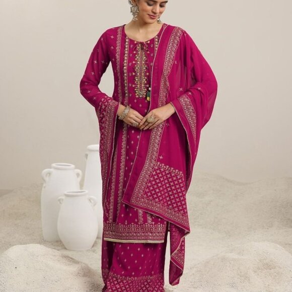 Shivansh Creations Pink Embroidered Kurta Palazzo Dupatta Set–3 Pcs Ethnic Set - Picture 3 of 9